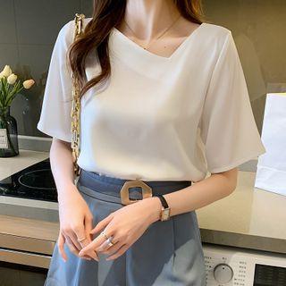 Short-sleeve Diagonal Shoulder Collar Chiffon Top