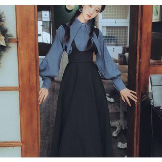 Set: Balloon-sleeve Blouse + Midi A-line Pinafore Dress