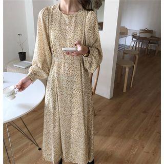 Long-sleeve Floral Tie-waist Midi Dress Yellow - One Size