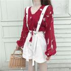 V-neck Printed Long-sleeve Top / High Waist Suspender Shorts