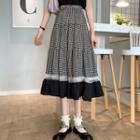 Mesh Panel Gingham Tiered Midi A-line Skirt Black - One Size