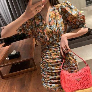 Puff-sleeve Shirred Floral Sheath Dress