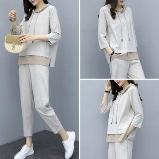Set: Mock Two-piece Drawstring Hoodie + Straight-fit Pants