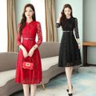 3/4-sleeve Buttoned Midi A-line Lace Dress