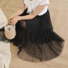 Band-waist Faux-pearl Tulle Skirt