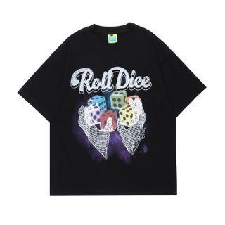 Elbow-sleeve Lettering Dice Print T-shirt