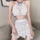 Halter-neck Crocheted Knit Top / Mini A-line Lace Skirt