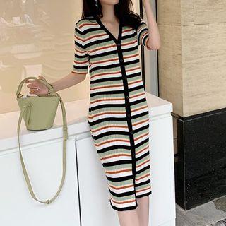 Striped Single-breasted Elbow-sleeve Knit Dress Green - One Size