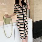 Striped Single-breasted Elbow-sleeve Knit Dress Green - One Size