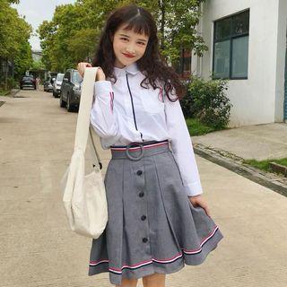 Set: Striped Shirt + High Waist A-line Skirt