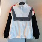 Stand-collar Color-block Fleece Jacket As Shown In Figure - One Size