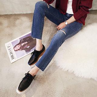 Fray-hem Distressed Boot-cut Jeans
