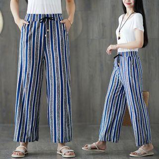 Striped Wide-leg Pants Stripe - Blue - One Size