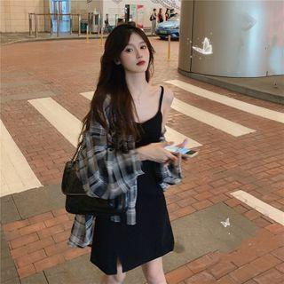 Spaghetti Strap Slit Mini A-line Dress / Plaid Shirt