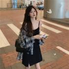 Spaghetti Strap Slit Mini A-line Dress / Plaid Shirt