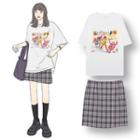 Short-sleeve Graphic Print T-shirt / Plaid A-line Mini Skirt