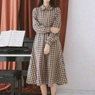 Long-sleeve Midi A-line Plaid Dress
