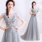 Embroidered Elbow-sleeve Sheath Evening Gown