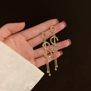 Rhinestone Letter Drop Earring 1 Pair - Drop Earring - Silver Pin - Lettering - Rhinestone - Gold - One Size