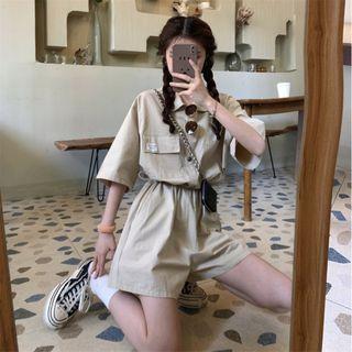 Elbow-sleeve Shirt Romper Khaki - One Size