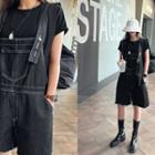 Contrast-stitch Frayed Denim Overall Shorts Black - One Size