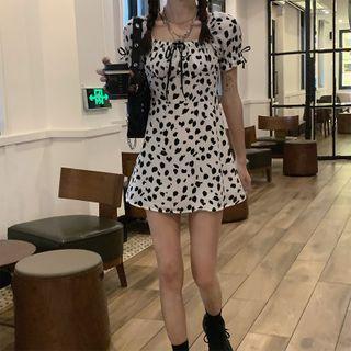 Puff-sleeve Tie Neck Printed A-line Dress Black & White - One Size