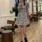 Puff-sleeve Tie Neck Printed A-line Dress Black & White - One Size