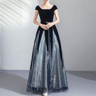 Cape-sleeve Maxi A-line Evening Dress