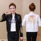 Faux Leather Embroidered Zip Jacket
