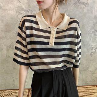 Striped Collared Short-sleeve Knit Top / Wide-leg Shorts
