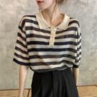 Striped Collared Short-sleeve Knit Top / Wide-leg Shorts