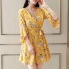 3/4-sleeve Floral A-line Mini Chiffon Dress