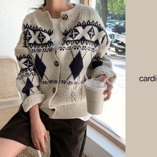 Crewneck Nordic Pattern Cardigan Light Beige - One Size