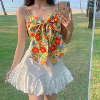 Floral Print Ribbon Camisole Top / Mini A-line Skirt / Set