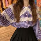 Puff-sleeve Lace Trim Gingham Blouse