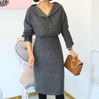 Collared Buttoned Wool Blend Sheath Dress