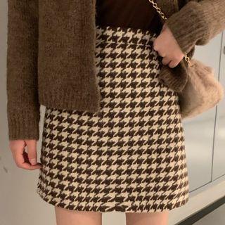 High Waist Houndstooth A-line Woolen Mini Skirt