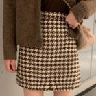 High Waist Houndstooth A-line Woolen Mini Skirt