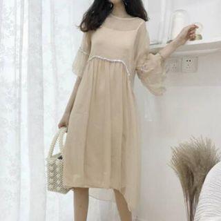 Set: Plain 3/4 Sleeve Midi Chiffon Dress + Slipdress