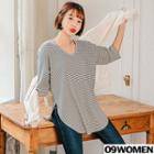 Tall Size Roundneck Elbow-sleeve Striped T-shirt