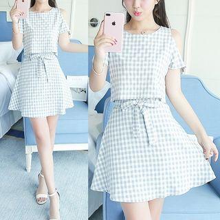 Set: Cut Out Shoulder Short Sleeve Plaid Top + A-line Skirt