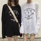 Plain Crew-neck Lettering Print Long-sleeve Top