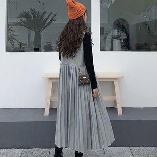 Mock Neck Long-sleeve T-shirt/ Pleated Midi A-line Jumper Dress