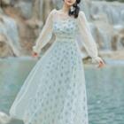 Set: Long-sleeve Mesh A-line Maxi Dress + Spaghetti Strap Floral Dress