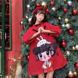 Bell-sleeve Printed Mini Qipao