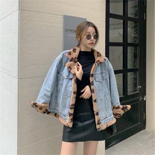 Leopard Print Panel Button-up Denim Jacket Denim Blue & Leopard - One Size