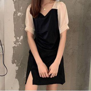 Short Sleeve Mesh Panel V-neck Slit Mini Shift Dress