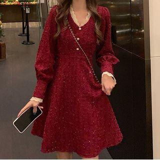 Long-sleeve Glitter Lace Trim A-line Dress