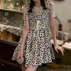 Spaghetti Strap Dot Print Mini Dress / Short-sleeve Lace Top