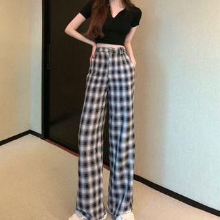Plain V-neck Short-sleeve Top / Plaid Loose-fit Pants